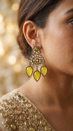 Yellow Three Tear Drop Dangle Earrings with Cubic Zirconia product photo, Cunei India