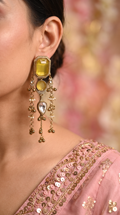 Yellow and White Crystal Cascading Dangling Earrings detail, Cunei India