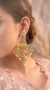 Yellow and White Kundan Cascading Hanging Earrings side view, Cunei India