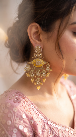 Yellow and White Kundan Cascading Hanging Earrings detail, Cunei India