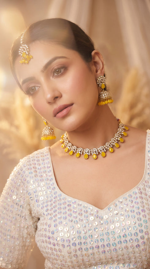 Yellow and White Kundan Drop Necklace Set, Cunei India