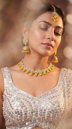 Yellow and White Kundan Drop Necklace Set side view, Cunei India