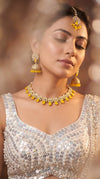 Yellow and White Kundan Drop Necklace Set side view, Cunei India