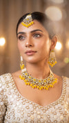Yellow and White Kundan Pearl Bead Necklace Set, Cunei India