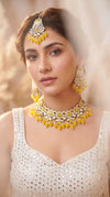 Yellow and White Kundan Pearl Bead Necklace Set side view, Cunei India