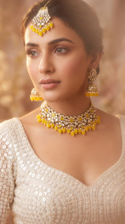 Yellow and White Kundan Pearl Bead Necklace Set detail, Cunei India