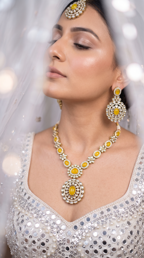 Yellow and White Three Piece Oval Stone Center Necklace Set