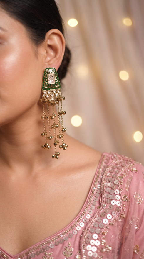 Green Meenakari Cascading Jhumka Earrings