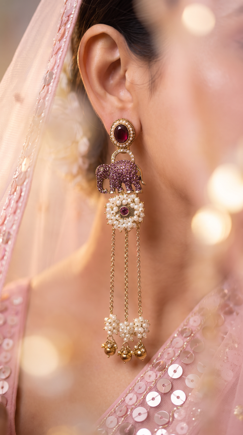 Antique Purple Elephant Drop Earrings with Stones & Pearl Tassels