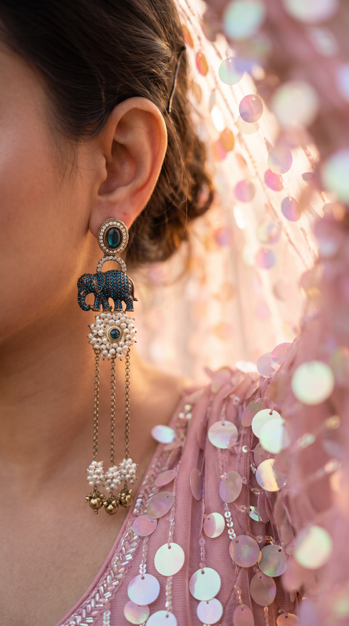 Antique Aqua Elephant Drop Earrings with Stones & Pearl Tassels