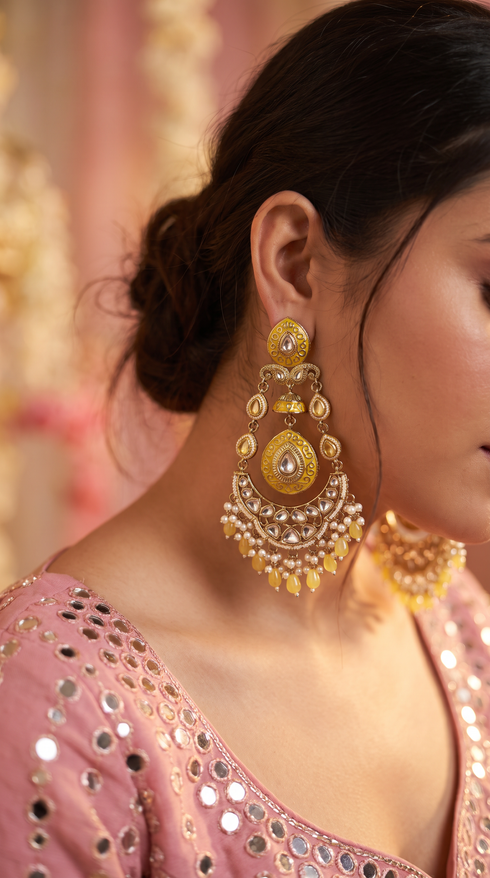 Yellow Meenakari Enamel Chandbali Earrings for Women