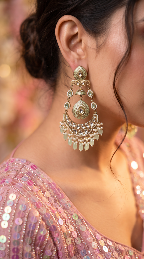 Mint Meenakari Enamel Chandbali Earrings for Women