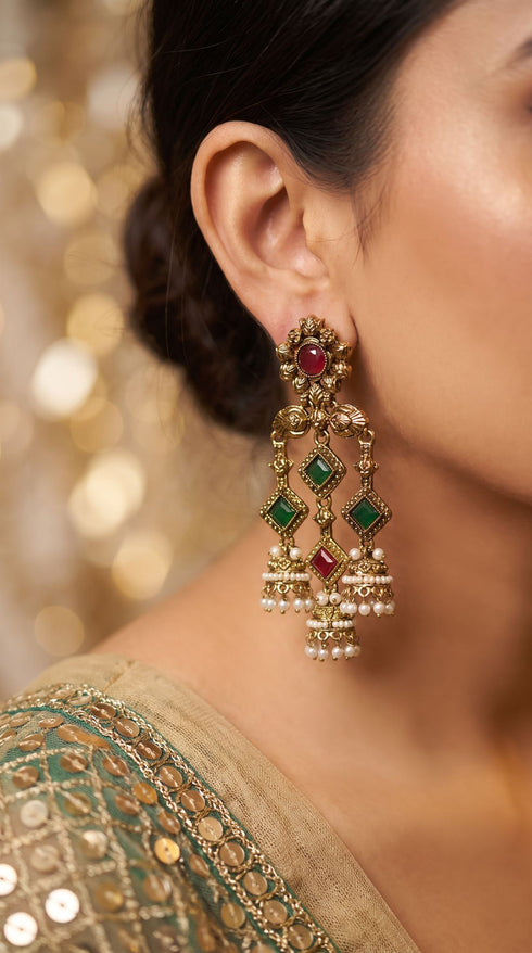 Antique Chandelier Jhumki Earrings with Red and Green Stones for women, Cunei India