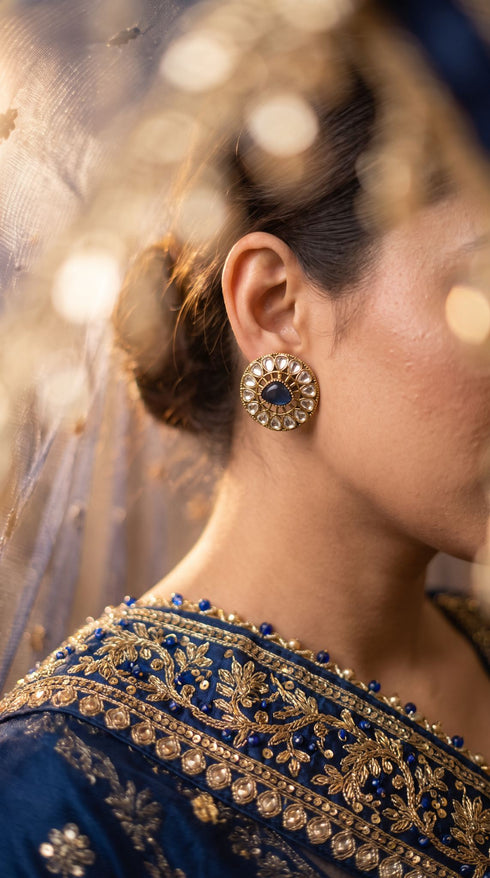 Blue and Clear Polki Round Stud Earrings detail, Cunei India