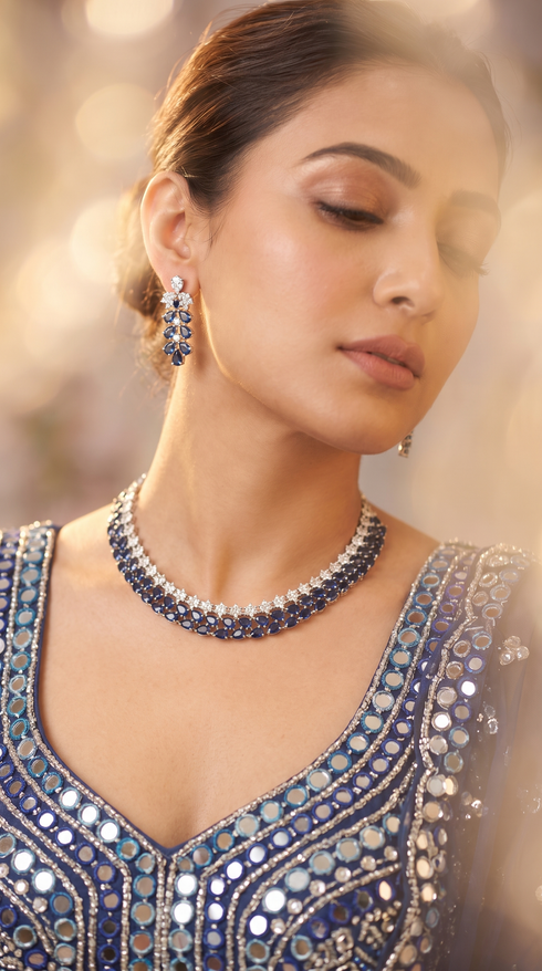 Blue and White Oval Sapphire Diamond Cluster Cz Necklace Set for Women, Cunei India
