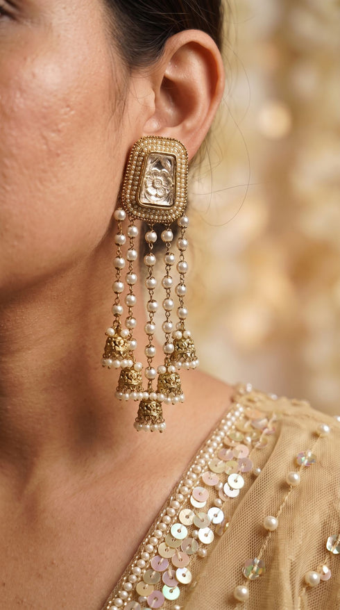 Champagne cascading pearl strand jhumkas for women, Cunei India