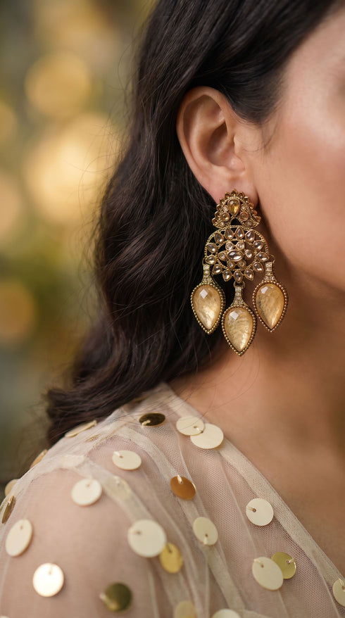 Champagne Three Tear Drop Dangle Earrings with Cubic Zirconia for women, Cunei India
