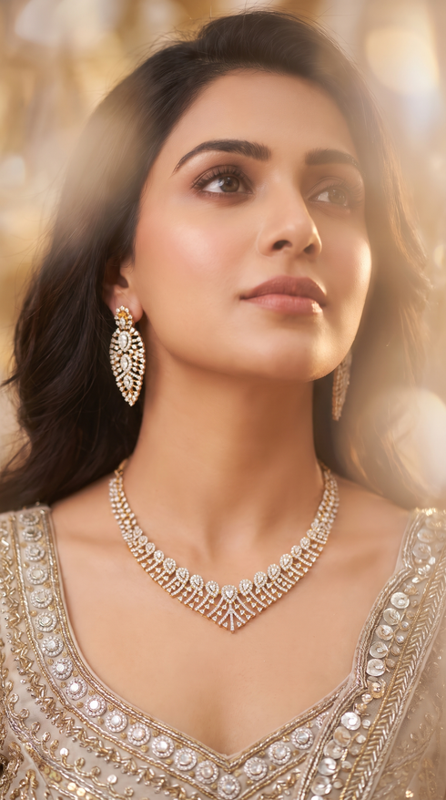 Clear and Gold V Shaped Cascading Cz Necklace Set for Women, Cunei India