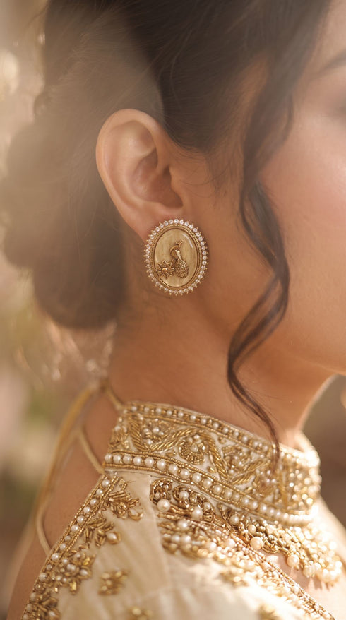Cream and Gold Cz Oval Stud Earrings side view, Cunei India