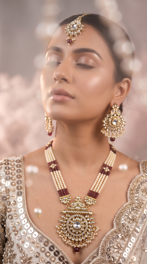 Cream and Maroon Three Piece Multi Strand Pearl Bead Necklace Set - view 3