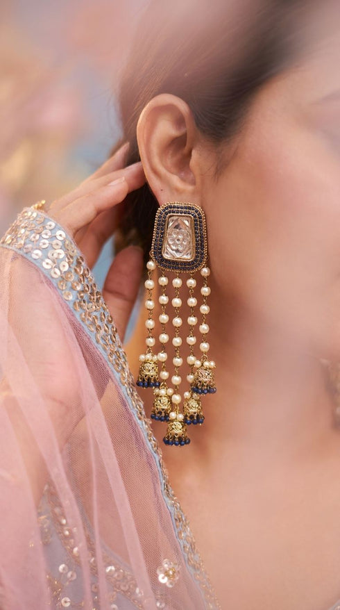 Dark blue cascading pearl strand jhumkas for women, Cunei India
