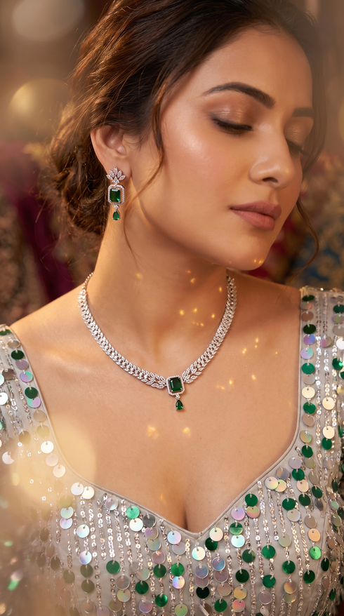 Emerald Green Cut Drop Pendant Cz Geometric Necklace Set for Women, Cunei India