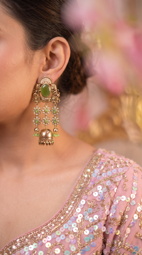 Emerald Green and Gold Pearl Ethnic Jhumka Earrings side view, Cunei India