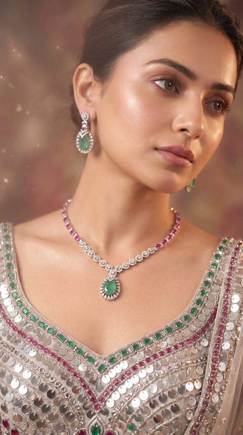 Emerald Green and Ruby Pink Teardrop Pendant Cz Necklace Set for Women, Cunei India