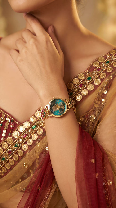 Imperial Emerald Green and Ruby Red Pearl Open-Work Watch, for women, Cunei India