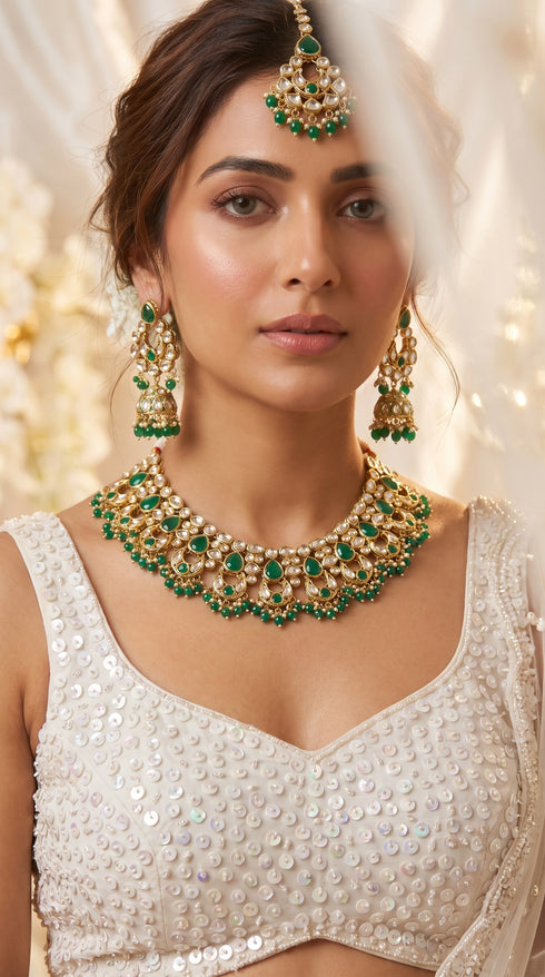 Emerald Green And White Kundan Drop Necklace Set, Cunei India