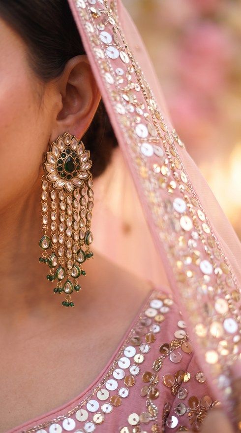 Emerald Green and White Polki Cascading Hanging Earrings detail, Cunei India