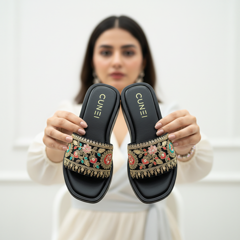 Black Embroidered Festive Sandals for Women - Casual & Summer Wear - Image 1 - Cunei India