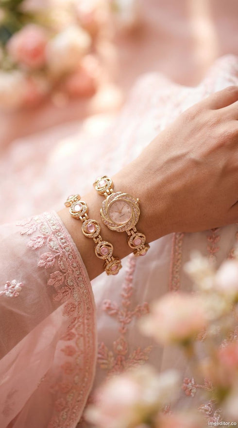 French Vintage Circular Pink Dial Heritage Watch Bracelet for Women