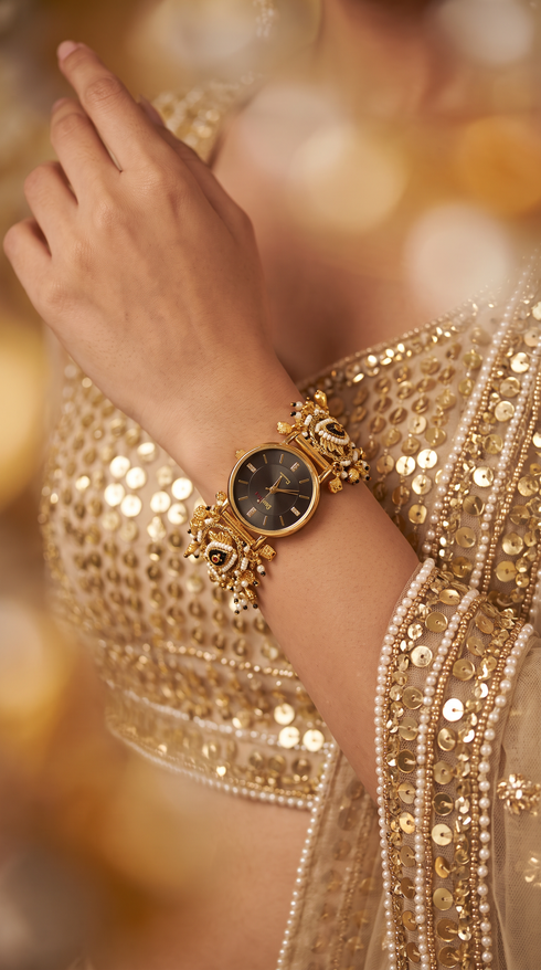 Gold and Black Pearl Ethnic Bracelet Watch for women, Cunei India