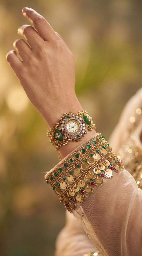 Gold with Green and Red Accents Kundan Ethnic Bracelet Watch detail, Cunei India