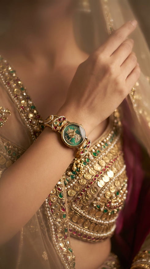 Imperial Gold, Green and Red Enamel Pearl Studded Watch, for women, Cunei India