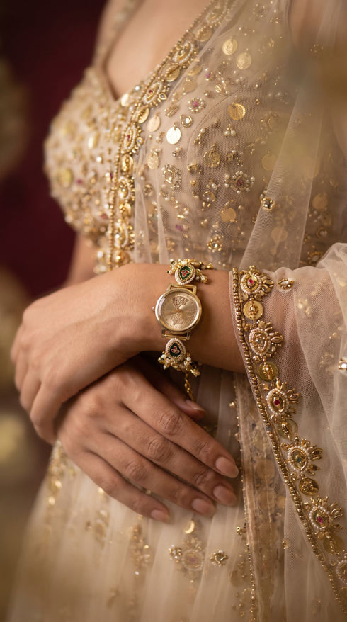 Imperial Gold, Green and Red Enamel Pearl Studded Open-Work Watch, for women, Cunei India