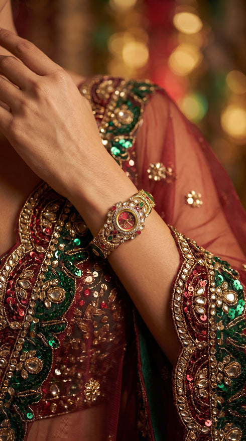 Gold, Green, and Red Cz Ethnic Bracelet Watch side view, Cunei India