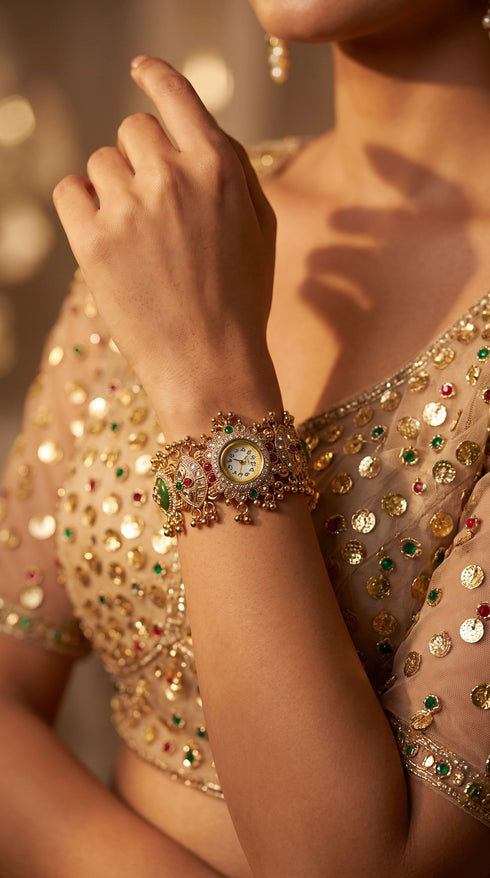 Gold, Green, and Red Cz Ethnic Bracelet Watch side view, Cunei India