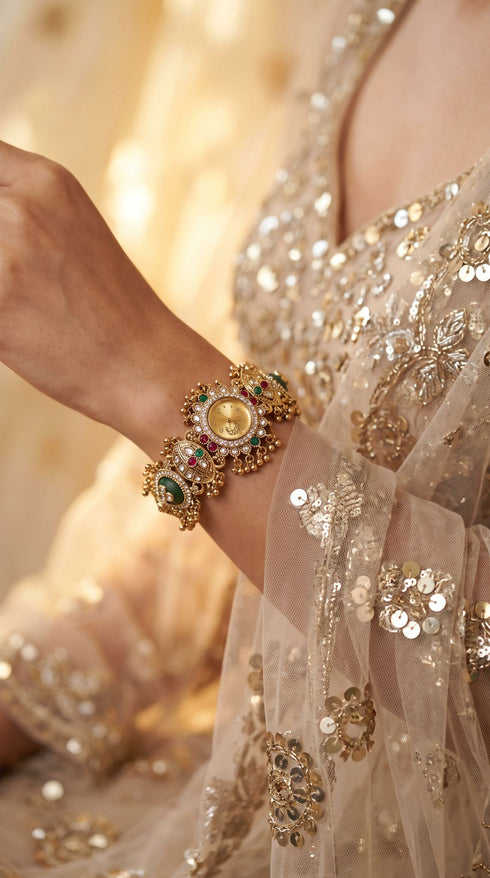 Gold, Green and Red Ornate Kundan Studded CZ Watch for Women, for women, Cunei India