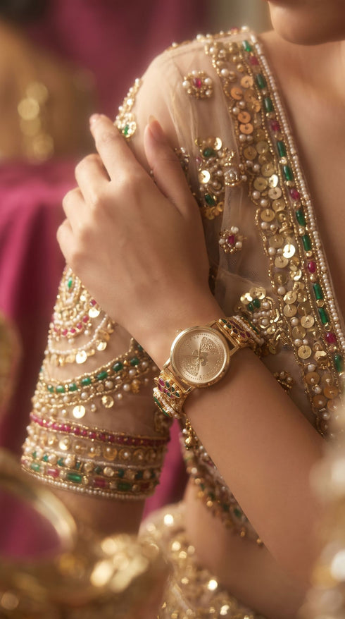 Imperial Gold, Green and Red Paisley Motif Pearl Kundan Enamel Watch, for women, Cunei India