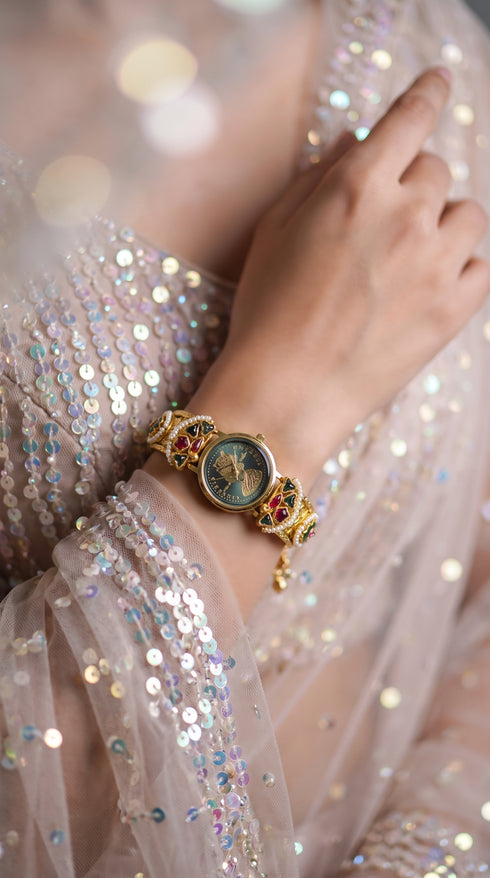 Gold, Green, and Red Pearl Ethnic Bracelet Watch product photo, Cunei India