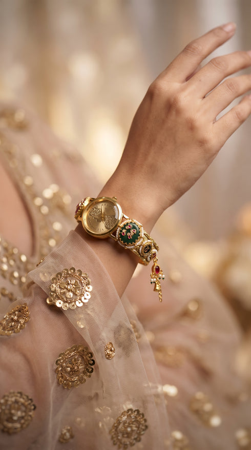 Gold, Green, Red, White, and Black Pearl Ethnic Watch Bracelet detail, Cunei India