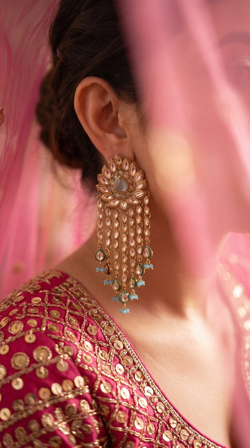 Gold Mint Green and Blue Kundan Cascading Dangling Earrings side view, Cunei India