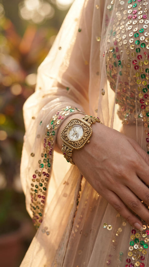 Gold with Red and Green Accents Crystal Ethnic Wrist Watch product photo, Cunei India