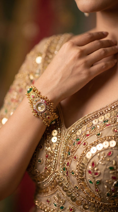 Gold, Red and Green Cz Ethnic Bracelet Watch product photo, Cunei India