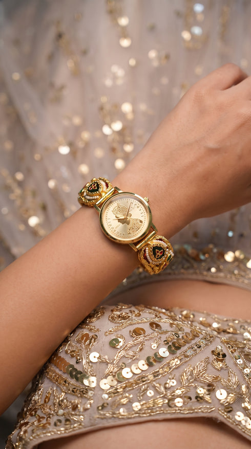 Gold with Red and Green Enamel Ethnic Bracelet Watch product photo, Cunei India
