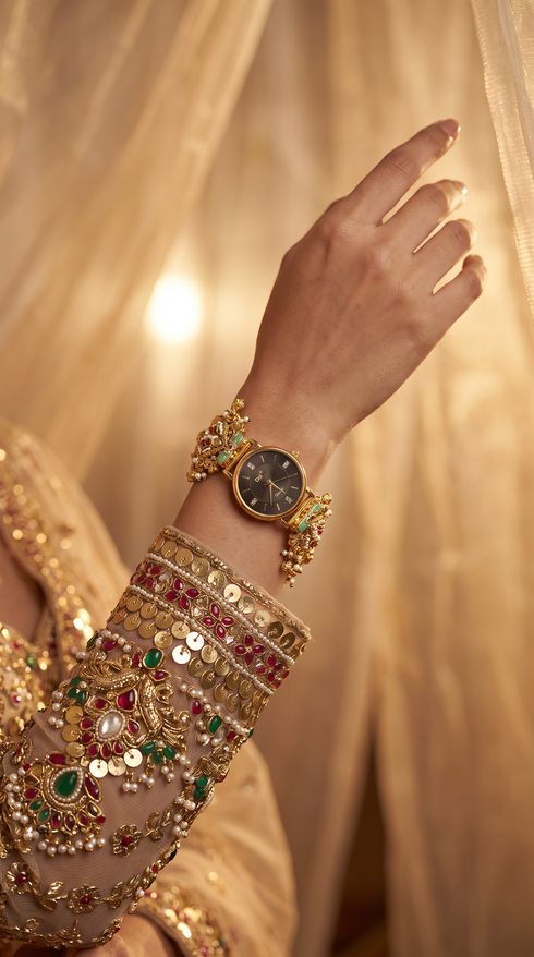 Gold, Red and Green Pearl Ethnic Watch for women, Cunei India