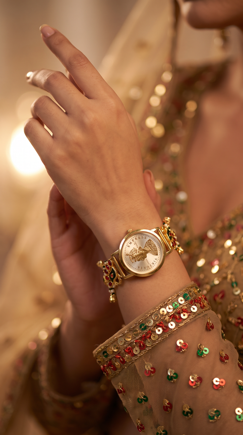 Gold Red Green Enamel Ethnic Wrist Watch for women, Cunei India