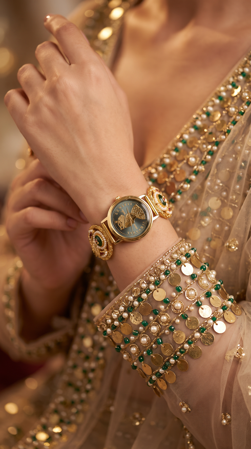 Gold, Red, Green, and White Pearl Round Bracelet Watch for women, Cunei India